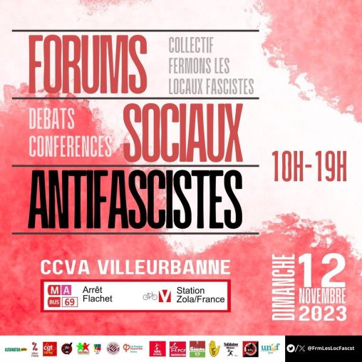 Affiche des Forums sociaux antifascistes (FSA), le 12 novembre à Villeurbanne 